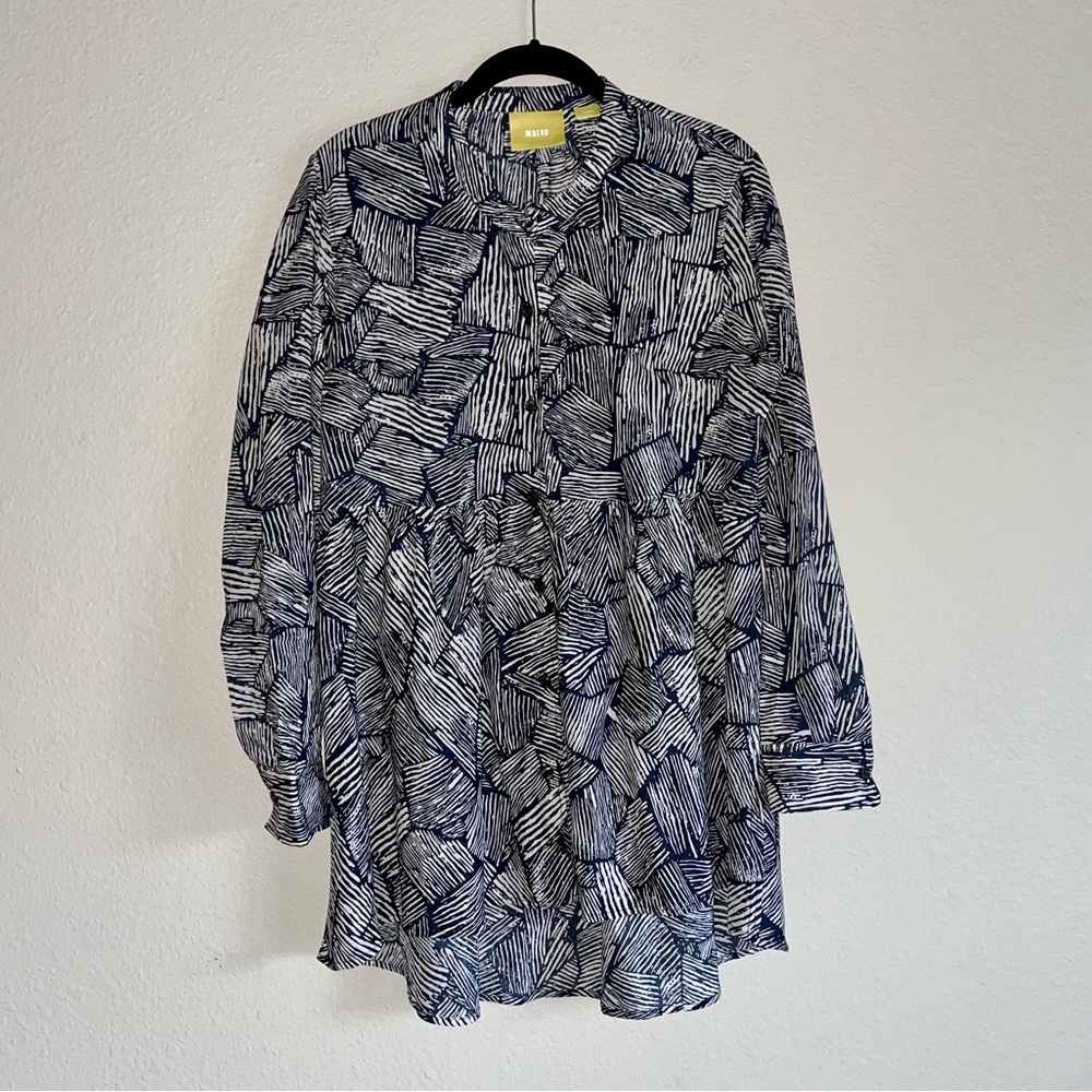 Maeve Anthropologie White & Navy Oversized Button Front Tunic Blouse Sz L